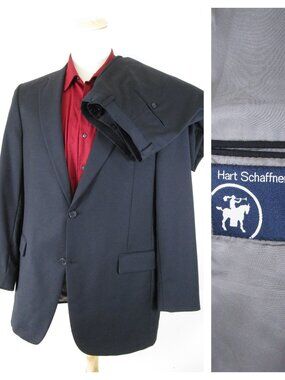 Hart Shaffner Marx Mens Black Wool Two Button Suit Size 42L Pants 36 X 32